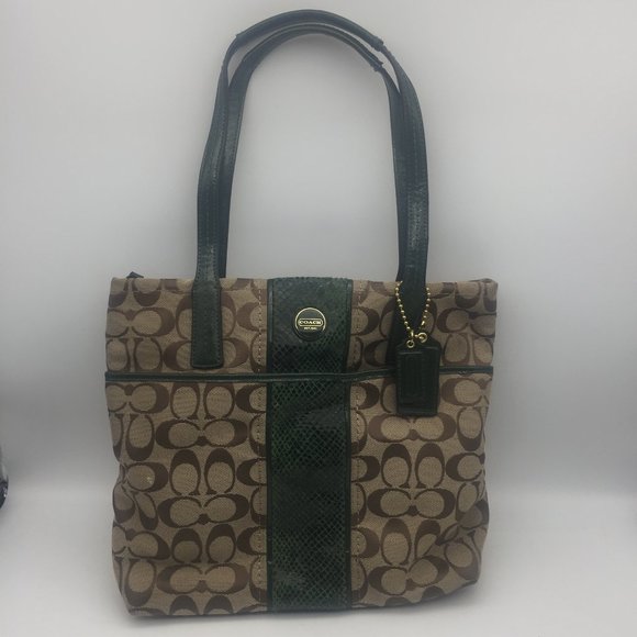 Authentic Coach Signature Tan Python Stripe Khaki Olive Green Tote Bag F25706 - Picture 1 of 10